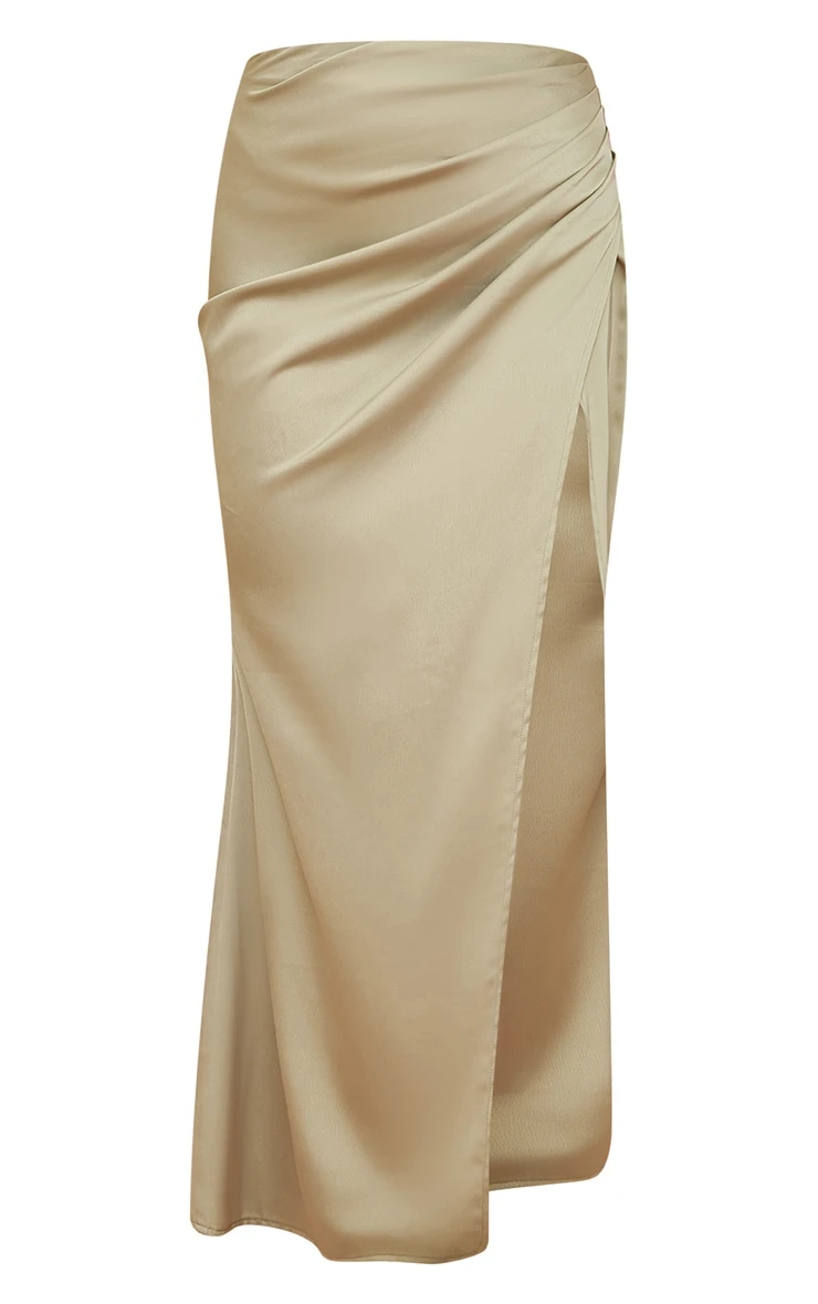 Sage Green Structured Satin V Front Ruched Split Front Maxi Skirt 5 Sage Green Structured Satin V Front Ruched Split Front Maxi Skirt - Image 5