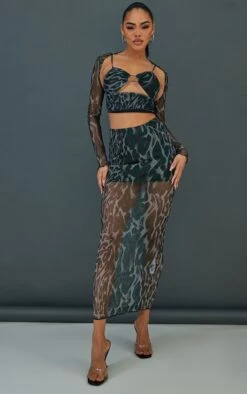Black Print Mesh Maxi Skirt