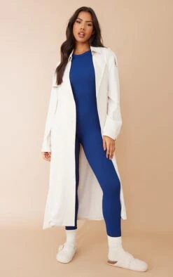 Off White Woven Double Breasted Drapey Trench