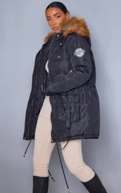 PRETTYLITTLETHING Black Nylon Faux Fur Hooded Parka Jacket