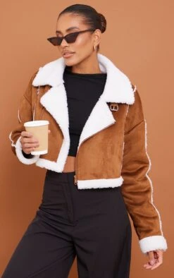 Brown Borg Lined Faux Suede Super Cropped Aviator Jacket