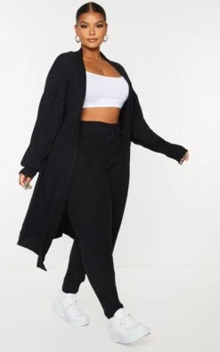 Plus Black Ribbed Knit Midi Cardigan