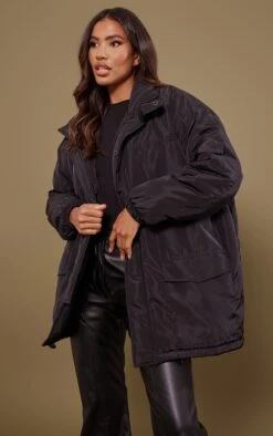Black Oversized Pocket Detail Longline Jacket