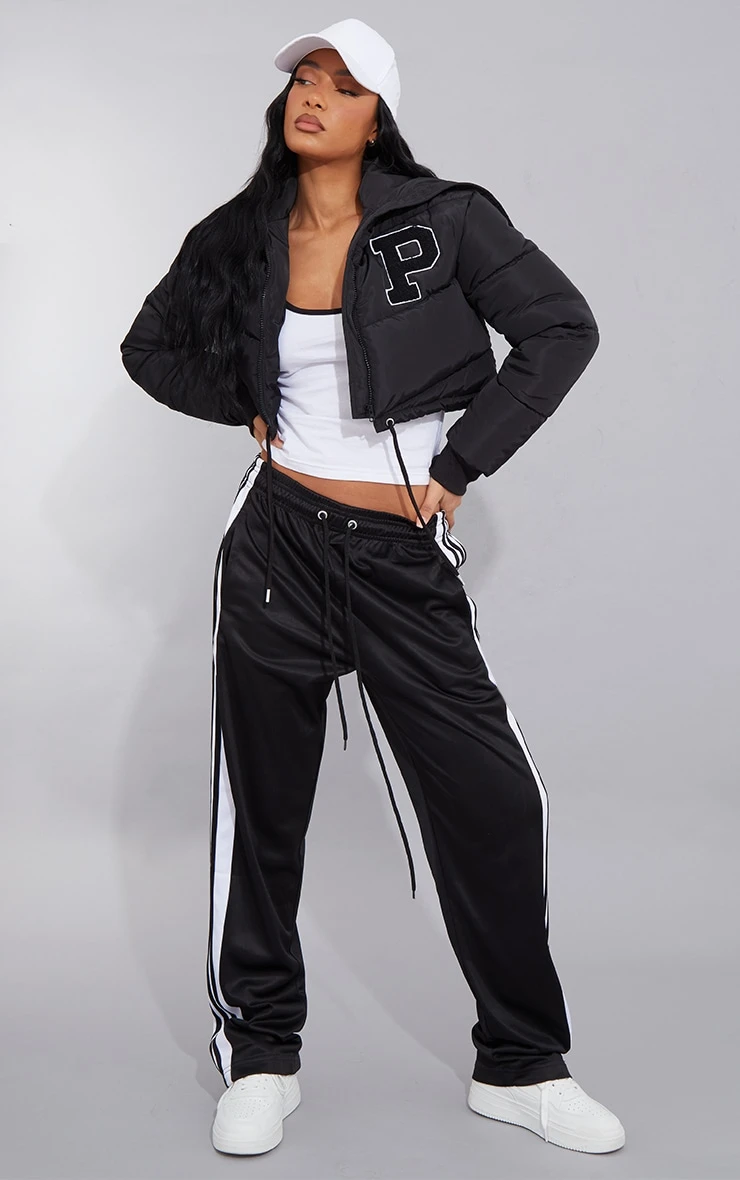 Black Oversized Collar Slogan Front Puffer Jacket 3 Black Oversized Collar Slogan Front Puffer Jacket - Image 3