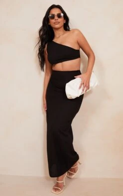 Black Brushed Woven Ruched V Front Maxi Skirt