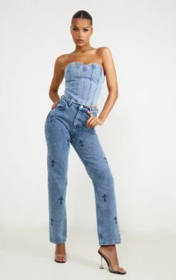 Mid Blue Wash Cross Print Long Leg Straight Leg Jeans