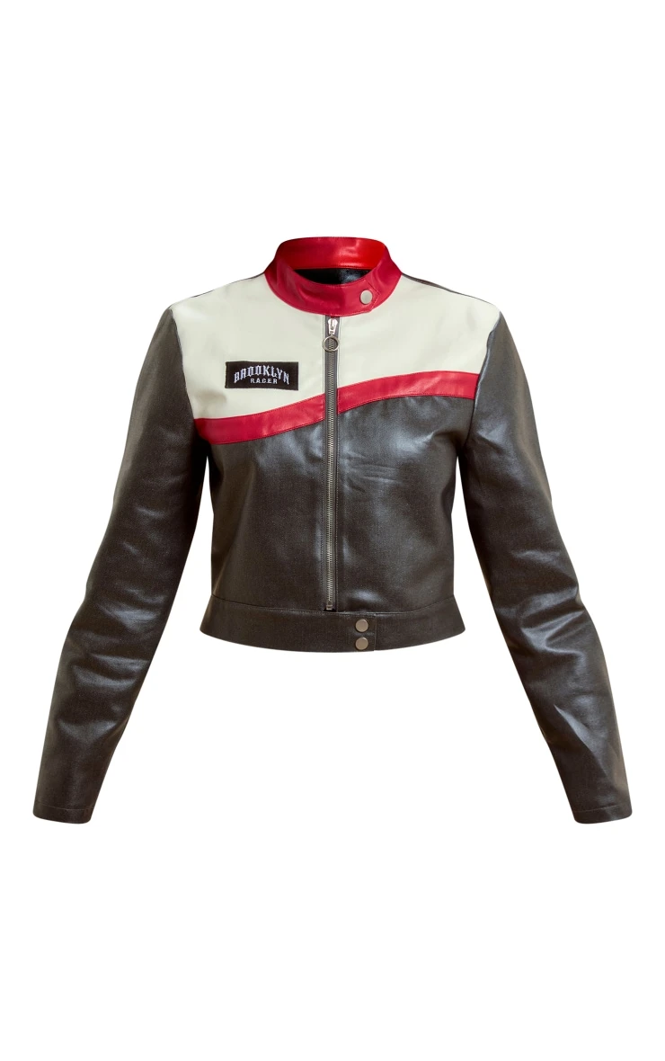 Grey Contrast Stripe Coated Denim Biker Jacket 5 Grey Contrast Stripe Coated Denim Biker Jacket - Image 5