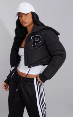 Black Oversized Collar Slogan Front Puffer Jacket