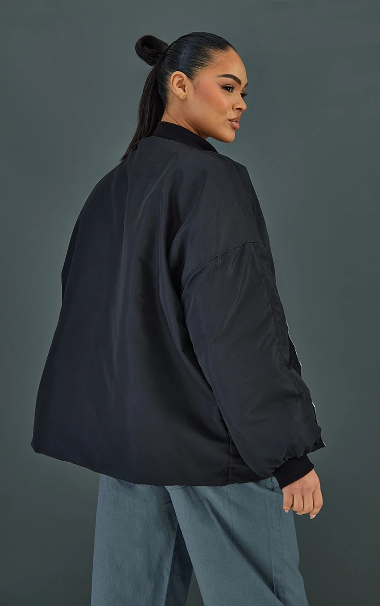 Black Pocket Detail Oversized Bomber Jacket 2 Black Pocket Detail Oversized Bomber Jacket - Image 2