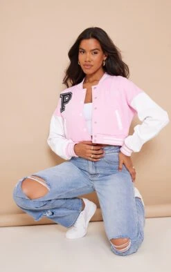 PRETTYLITTLETHING Light Pink Varsity Slogan Contrast Sleeve Bomber Jacket -Modern Wear Boutique 122ae5a6ada6bc4caae474e783b844bfaaa9421f CMZ3993 3