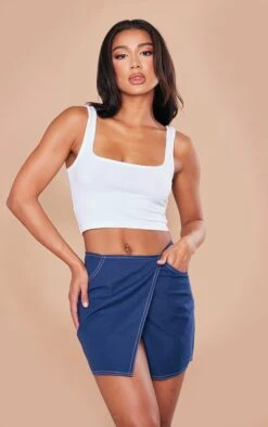 Dark Blue Contrast Stitch Lightweight Twill Fold Over Mini Skirt