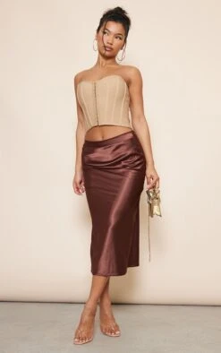Chocolate Brown Satin Bias Cut Midi Skirt