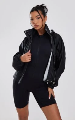 Black Rubberised Hooded Drawstring Jacket