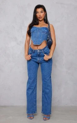 Mid Blue Wash Scattered Diamante Detail Wide Leg Jean