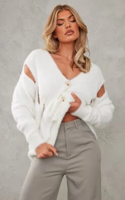 Cream Eyelash Knit Cut Out Oversized Cardigan