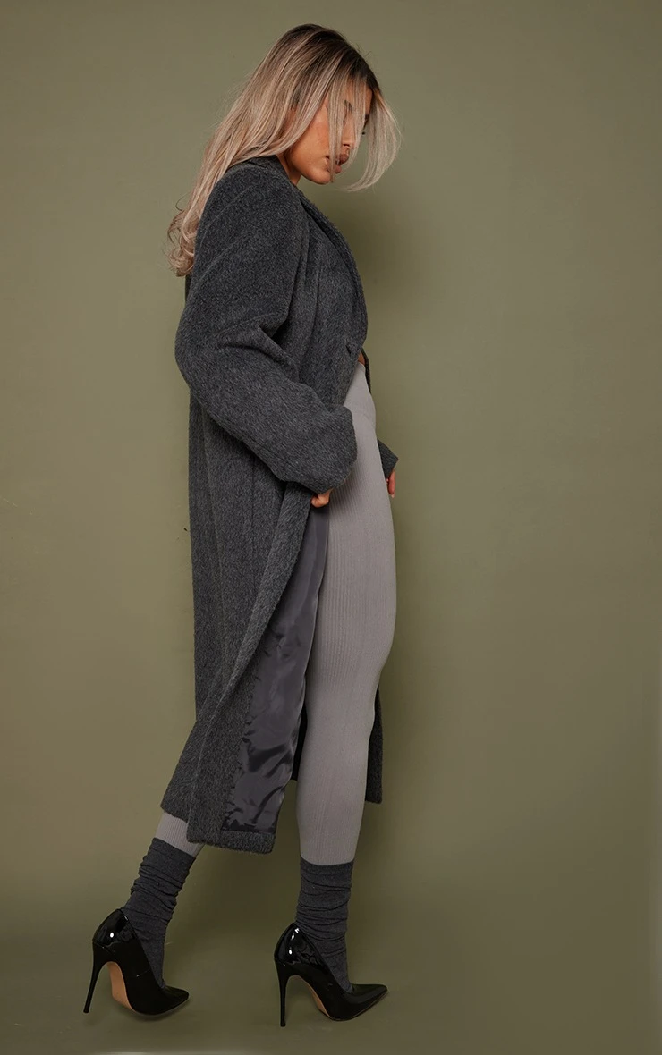 Grey Brushed Wool Look Longline Coat 2 Grey Brushed Wool Look Longline Coat - Image 2