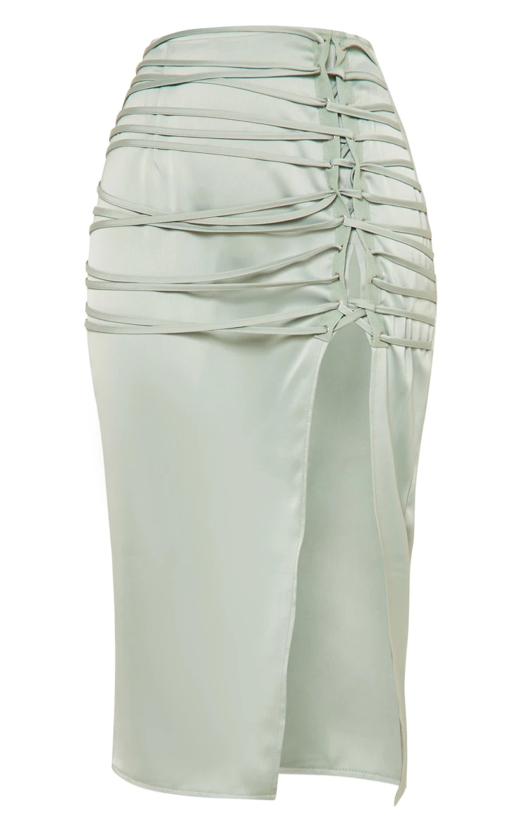 Sage Khaki Satin Lace Up Back Midi Skirt 5 Sage Khaki Satin Lace Up Back Midi Skirt - Image 5