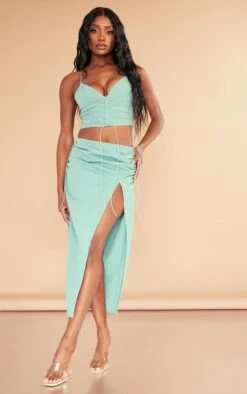 Sea Green Woven Low Rise Ruched Side Midi Skirt