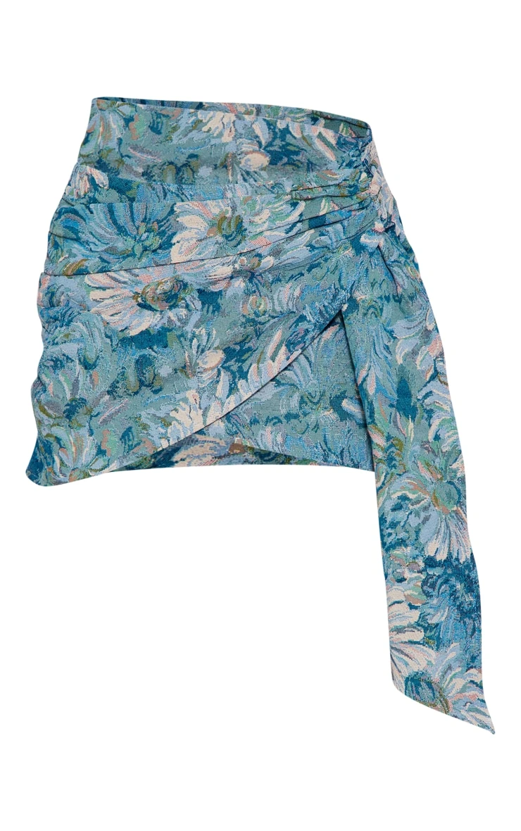 Blue Floral Jacquard Ruched Side Mini Skirt 6 Blue Floral Jacquard Ruched Side Mini Skirt - Image 6