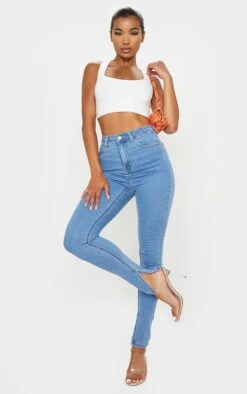 Light Blue Wash Side Split Hem Skinny Jeans