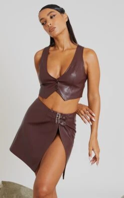Chocolate Faux Leather Buckle Side Detail Micro Mini Skirt