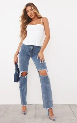 Vintage Wash High Rise Ripped Straight Leg Jeans