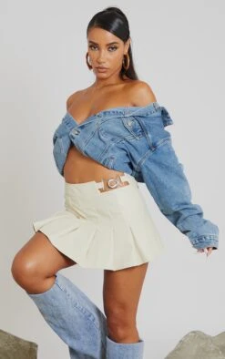 Cream Faux Leather Buckle Pleated Micro Mini Skirt