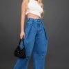 Mid Blue Wash Adjustable Waistband Wide Leg Jeans