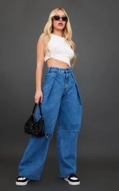 Mid Blue Wash Adjustable Waistband Wide Leg Jeans