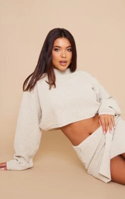 Oatmeal Turtle Neck Knitted Crop Jumper