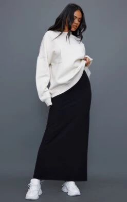 Black Crinkle Rib Curved Waist Maxi Skirt