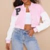 PRETTYLITTLETHING Light Pink Varsity Slogan Contrast Sleeve Bomber Jacket