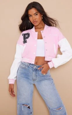 PRETTYLITTLETHING Light Pink Varsity Slogan Contrast Sleeve Bomber Jacket
