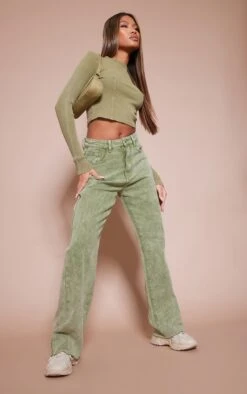 Washed Khaki Frayed Hem Wide Leg Jeans