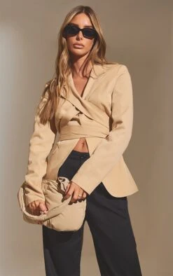Camel Crossover Tie Cinched Waist Blazer