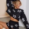 Monochrome Flower Brushed Knit Cropped Jumper