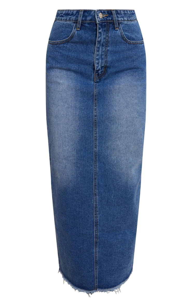 Mid Blue Wash Raw Hem Denim Maxi Skirt 5 Mid Blue Wash Raw Hem Denim Maxi Skirt - Image 5