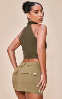 Khaki Twill Low Rise Micro Mini Cargo Skirt