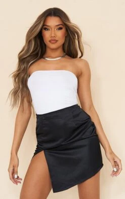 Black Tailored Satin Asymmetric Split Front Mini Skirt