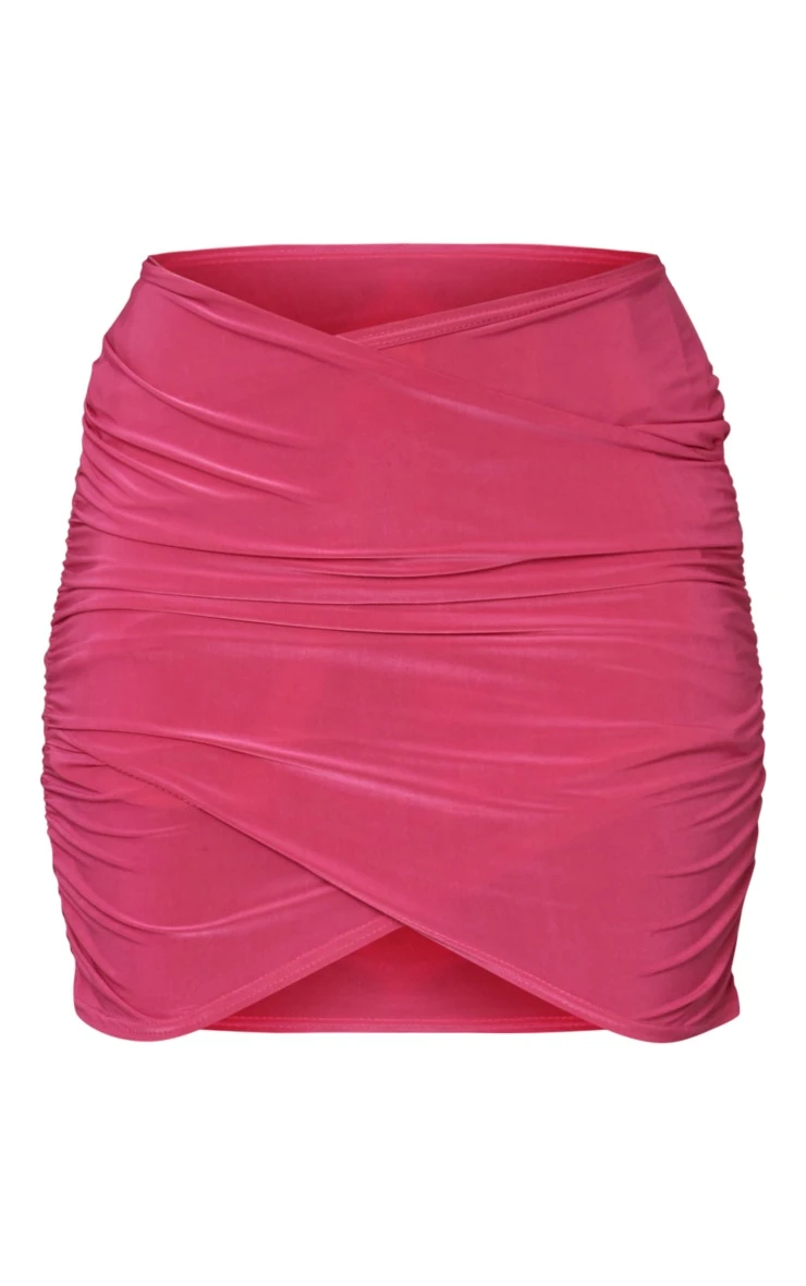 Bright Pink Slinky Ruched Wrap Over Mini Skirt 6 Bright Pink Slinky Ruched Wrap Over Mini Skirt - Image 6