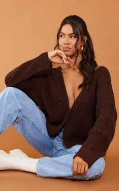 Chocolate Chunky Knit Slouchy Cardigan