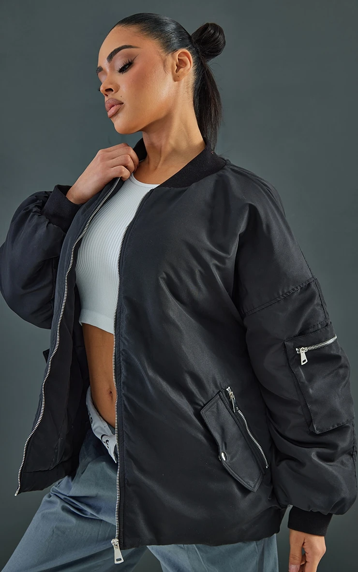 Black Pocket Detail Oversized Bomber Jacket 4 Black Pocket Detail Oversized Bomber Jacket - Image 4