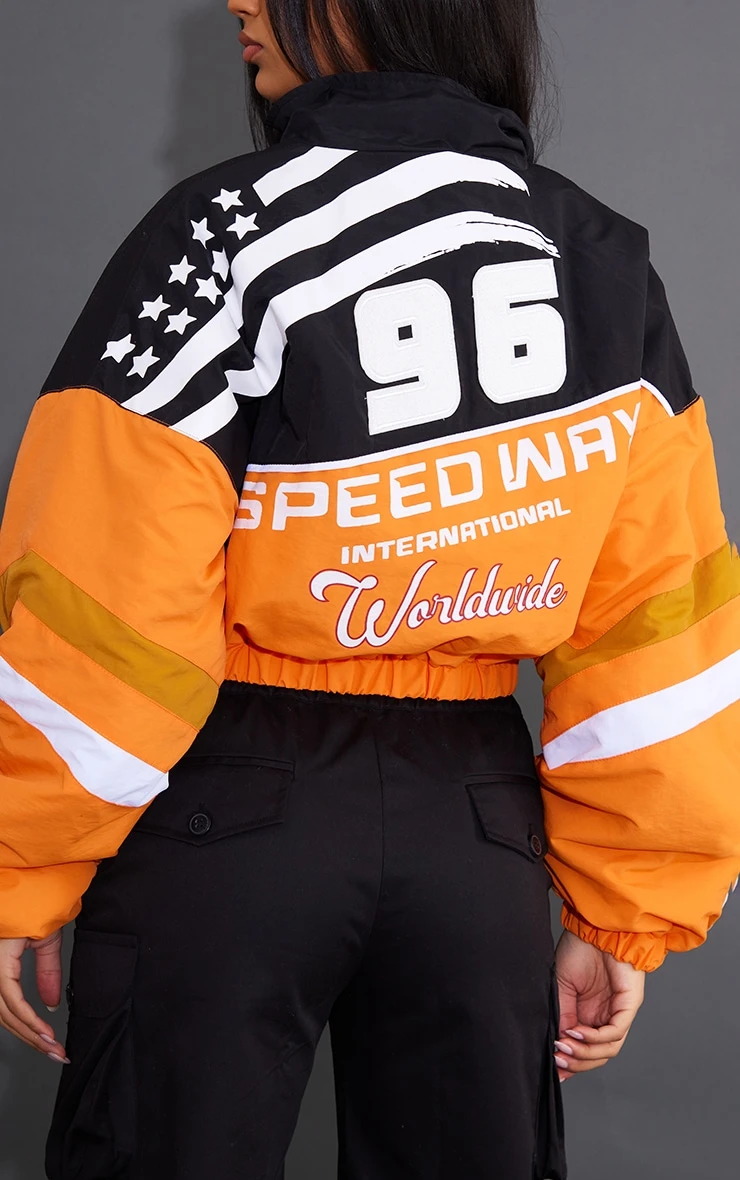 Orange Cropped Oversized Slogan Zipped Racer Bomber Jacket 3 Orange Cropped Oversized Slogan Zipped Racer Bomber Jacket - Image 3