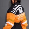 Orange Cropped Oversized Slogan Zipped Racer Bomber Jacket