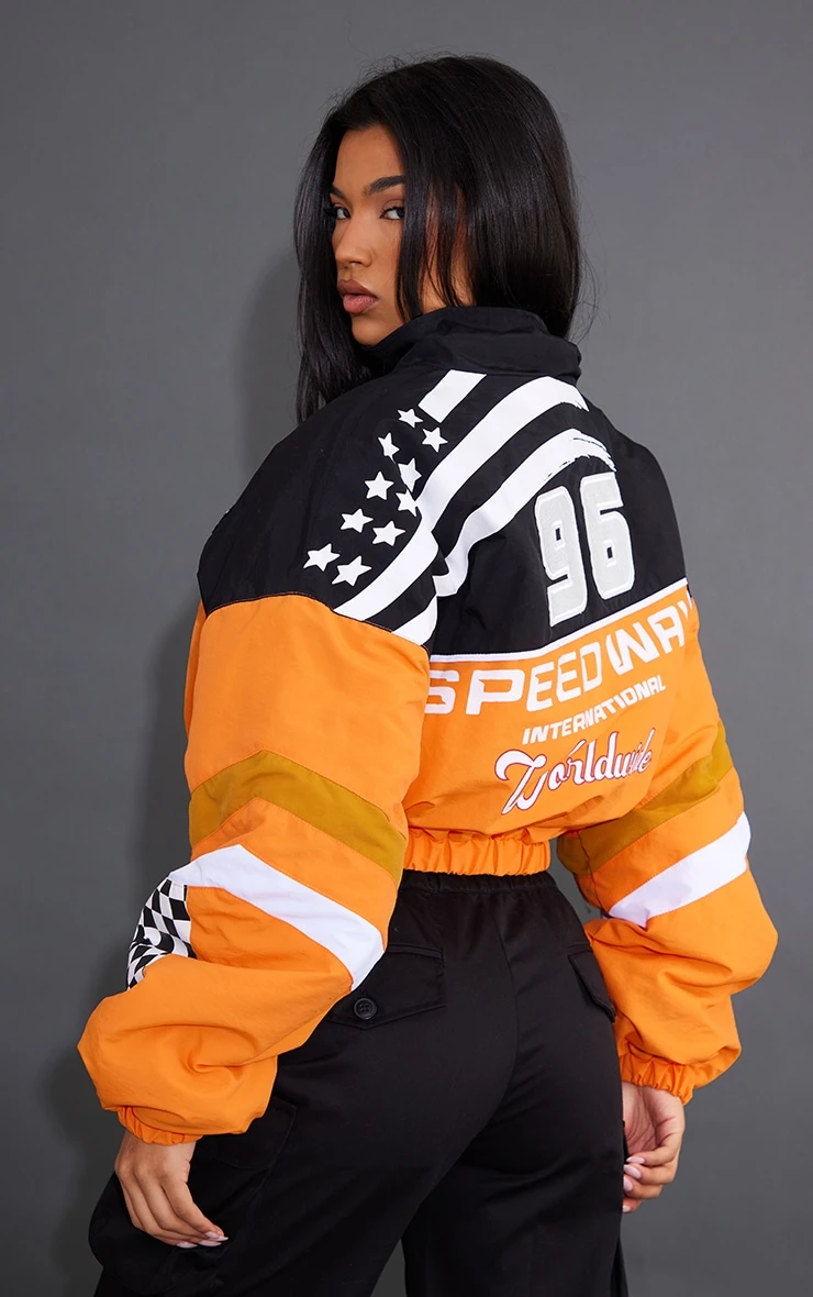 Orange Cropped Oversized Slogan Zipped Racer Bomber Jacket 1 Orange Cropped Oversized Slogan Zipped Racer Bomber Jacket