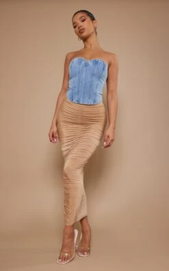 Camel Slinky Ruched Front Detail Maxi Skirt