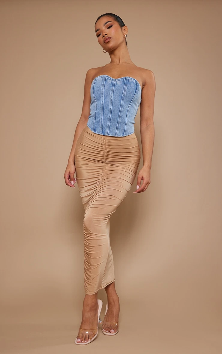 Camel Slinky Ruched Front Detail Maxi Skirt 1 Camel Slinky Ruched Front Detail Maxi Skirt