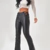 Black Butterfly Cutout Waistband Coated Denim Flared Jeans