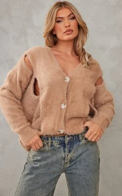 Mocha Eyelash Knit Cut Out Oversized Cardigan