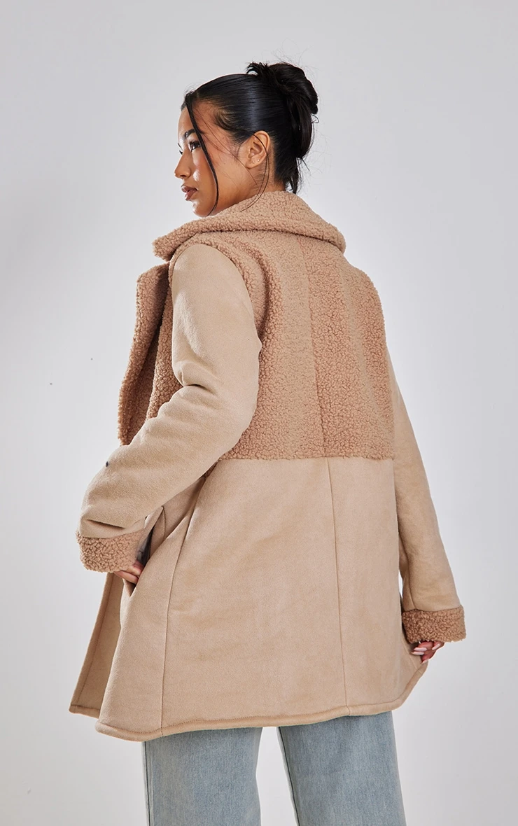 Beige Faux Suede Contrast Borg Coat 2 Beige Faux Suede Contrast Borg Coat - Image 2